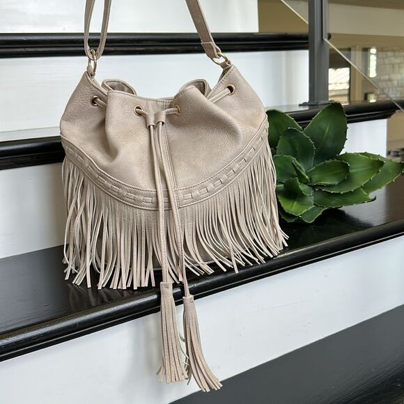 Neutral Vegan Leather Fringe Bucket Crossbody Shoulder Bag bucket, drawstring - Picture 1 of 10